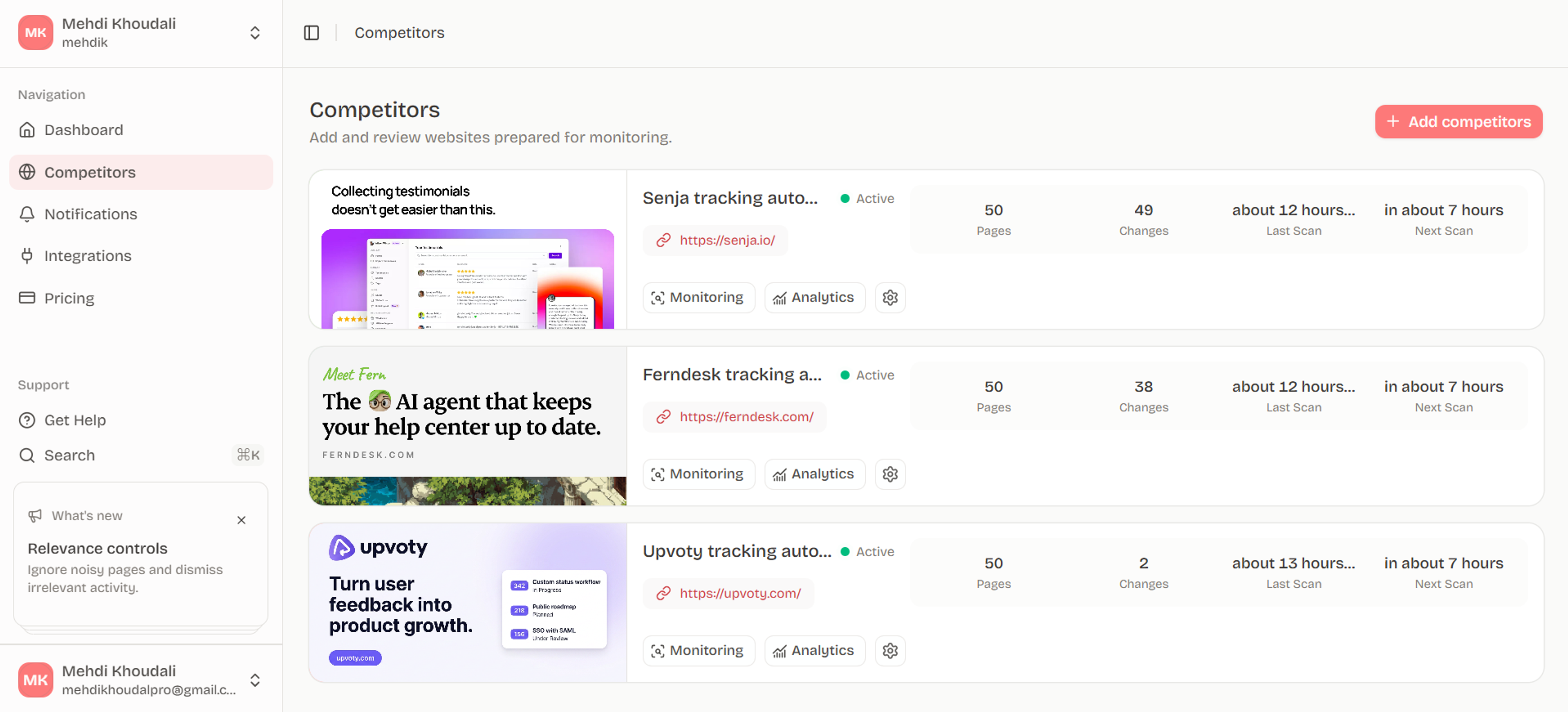 Ryvalise competitor monitoring workspace